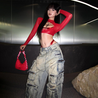 长袖辣妹风薄款镂空女