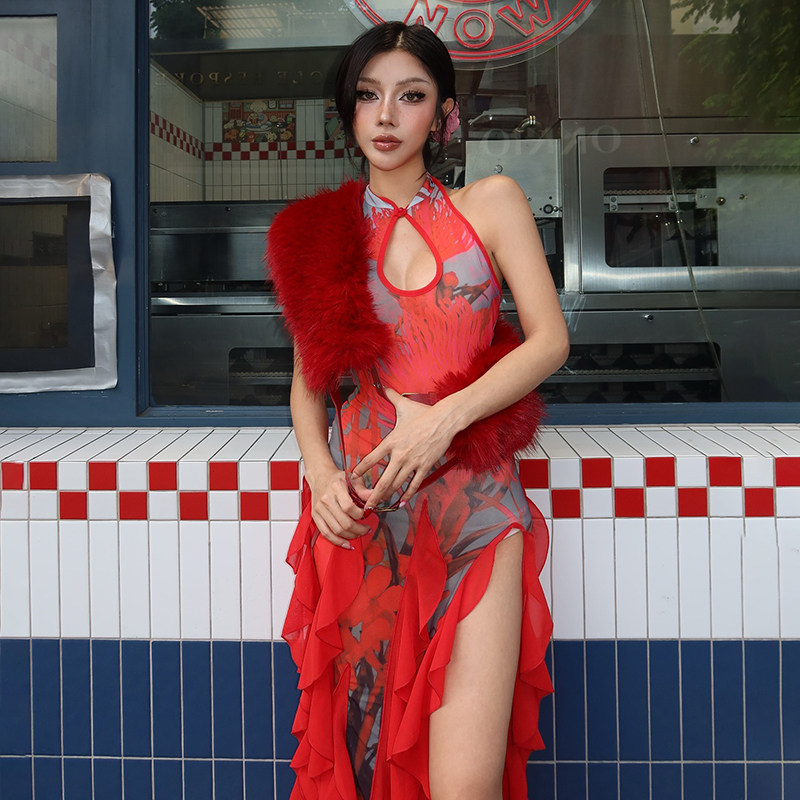 WEIRD PUSS东方典雅改良旗袍红滟印花挂脖连衣裙女荷叶边修身长裙,女装/女士精品,连衣裙,淘宝优惠券,粉丝福利购,淘宝优惠卷