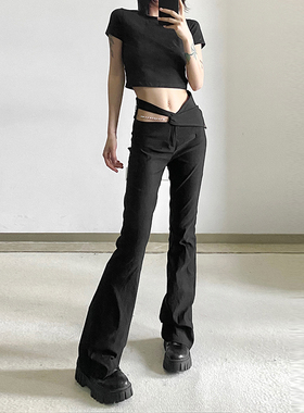 WEIRD PUSS 拽酷辣妹风黑色高腰休闲裤设计感镂空露腰百搭长裤女