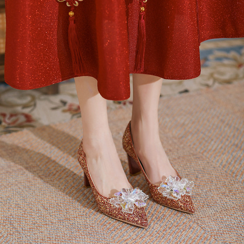 女2026新款粗跟不累脚新娘鞋高级感亮片水晶高跟鞋新中式红色婚鞋,女鞋,婚鞋,淘宝优惠券,粉丝福利购,淘宝优惠卷
