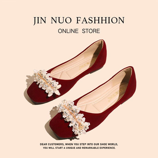 方头婚鞋新娘鞋禾秀婚纱两穿红色高级感孕妇舒适不累脚敬酒服平底