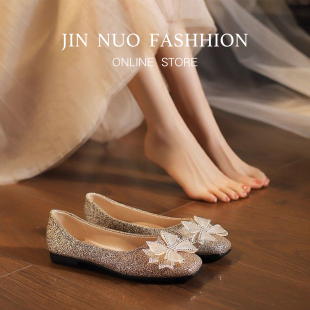 2026新款秋季低跟婚鞋平底方头蝴蝶结绝美仙女风单鞋订婚日常女鞋