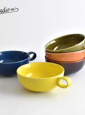 日本Studio M陶瓷汤杯带把手家用可微波早餐杯牛奶麦片杯甜品碗