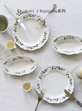 日本进口Studio M复古陶瓷餐盘日式花形盘子椭圆深汤盘高脚点心盘