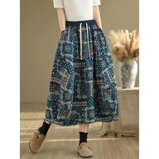 MONLOUVE民族风牛仔半身裙女春秋2025新款花苞裙大码胖mm遮肚显瘦
