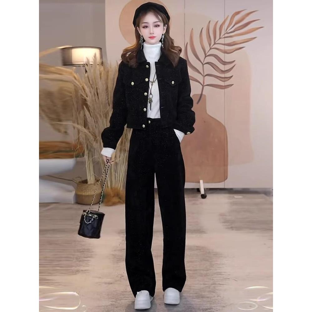 MONLOUVE时尚套装女2025冬季新款洋气显瘦夹加厚短款外套阔腿裤两