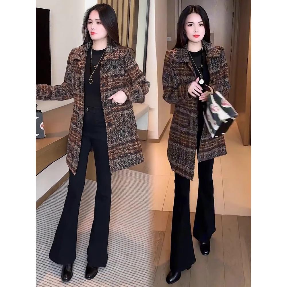 MONLOUVE加厚格子外套女2025冬季新款洋气显瘦修身中长款保暖呢子