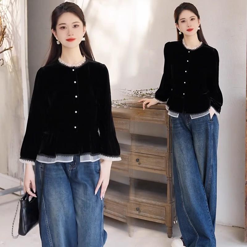 MONLOUVE新中式国风长袖衬衫女2025秋季新款气质显瘦荷叶花边洋气