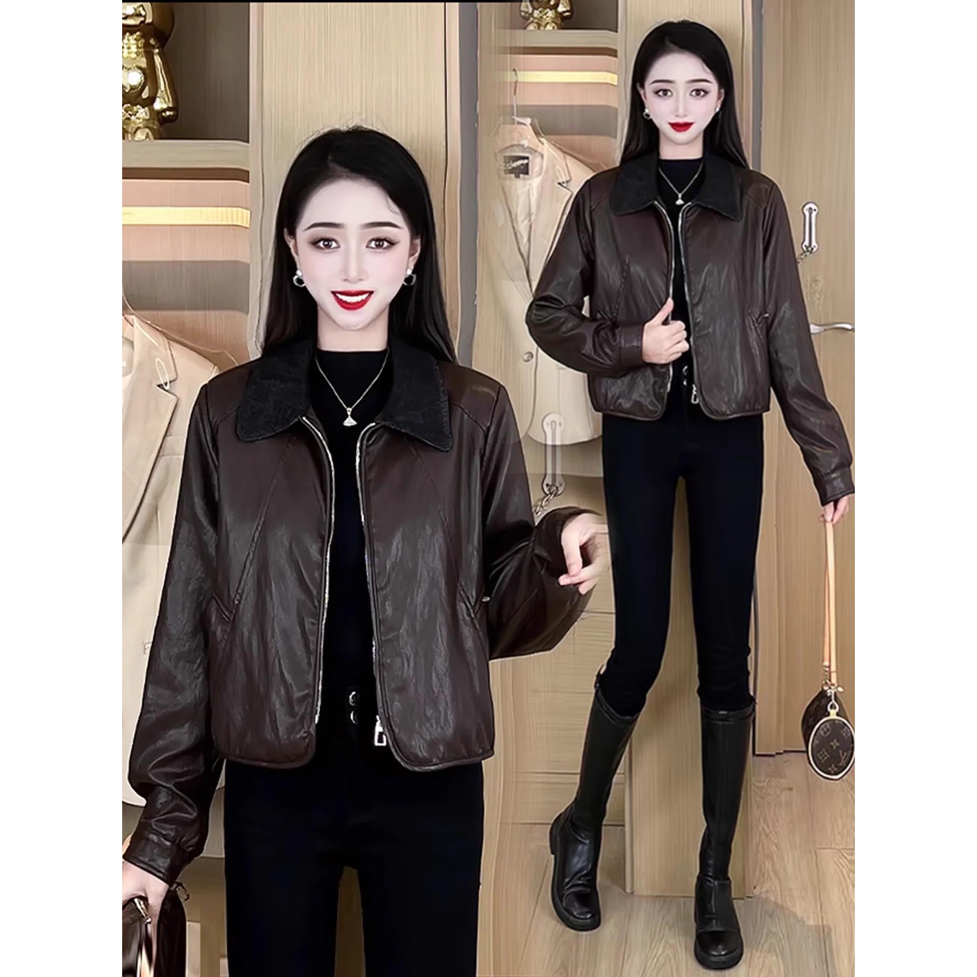 MONLOUVE时尚皮衣短外套女秋季新款洋气宽松显瘦休闲百搭翻领PU皮