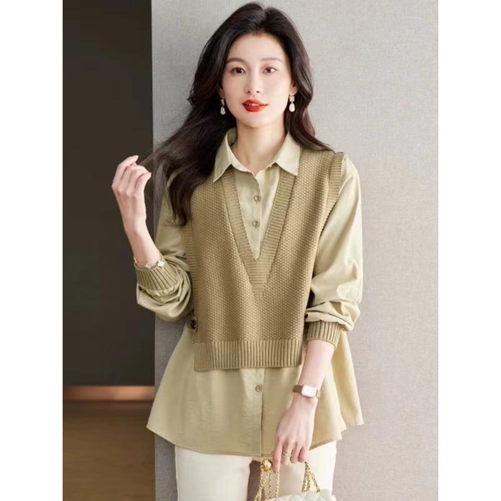 MONLOUVE假两件针织长袖衬衫女春秋季新款时尚气质衬衣显瘦打底衫