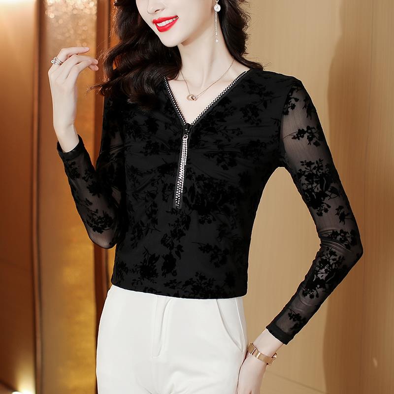 MONLOUVEV领网纱打底衫女长袖2025年秋装新款植绒烫钻小衫内搭T恤