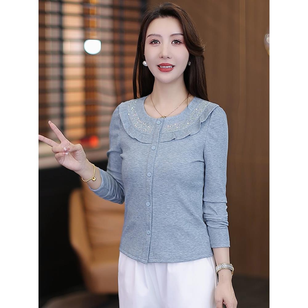 MONLOUVE时尚烫钻荷叶边长袖上衣女士2025秋季新款洋气百搭宽松休