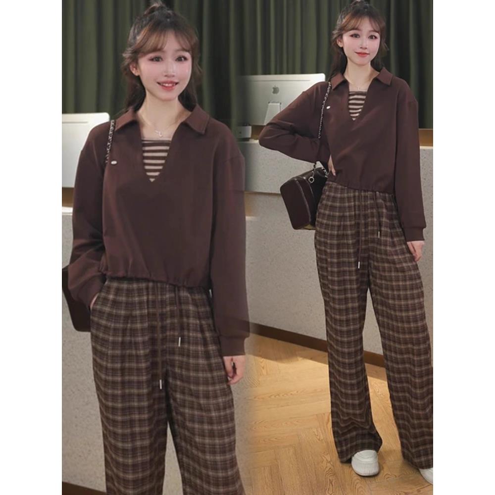 MONLOUVE时尚套装女2025秋季新款洋气显瘦假两件长袖上衣格子阔腿