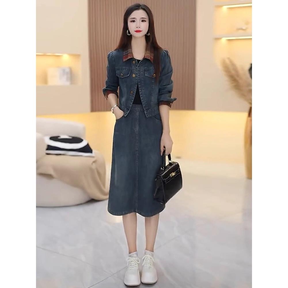 MONLOUVE时尚套装裙女2025秋季新款洋气显瘦牛仔短外套连衣裙休闲