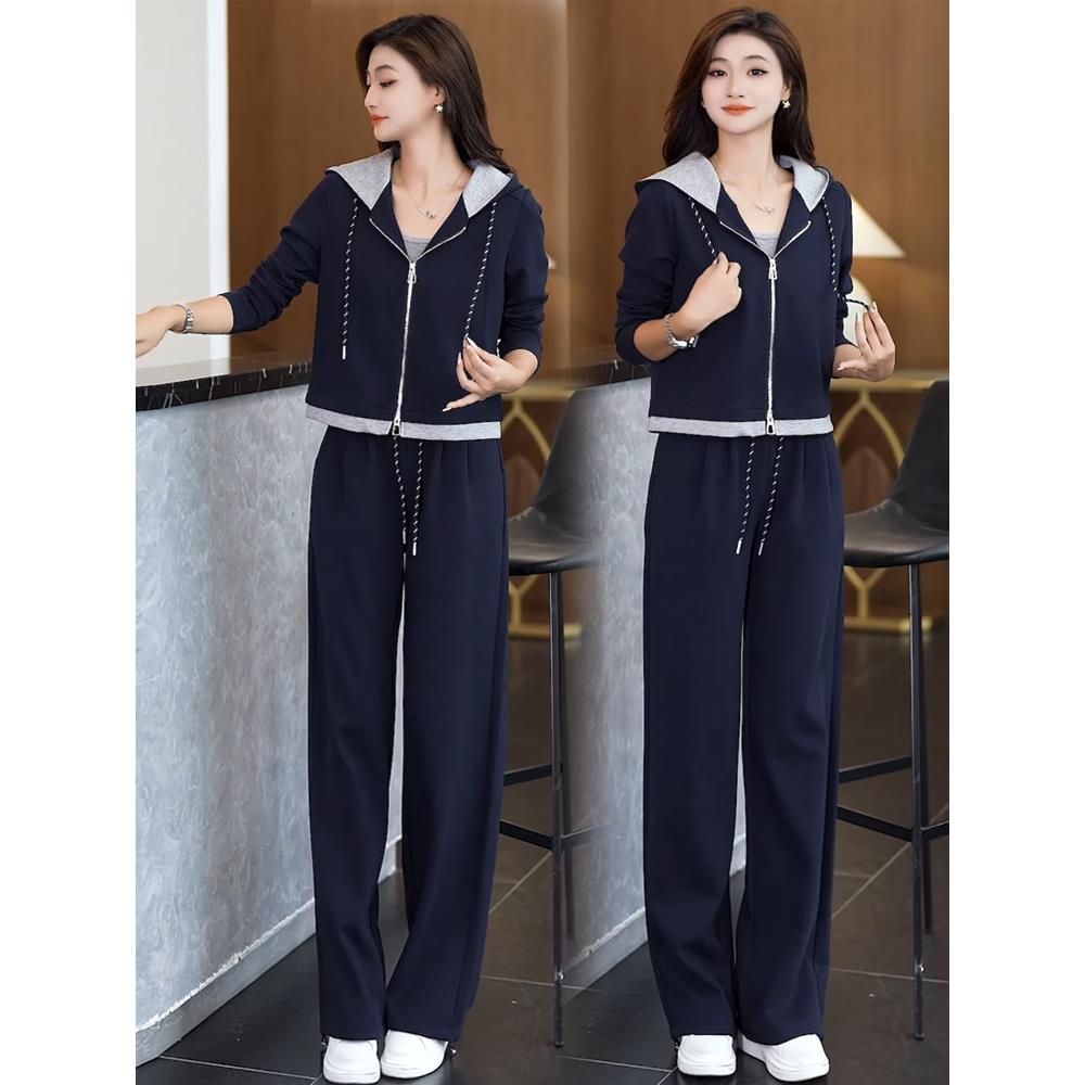 MONLOUVE2025秋季新款时尚休闲套装女气质连帽拉炼外套阔腿裤显瘦