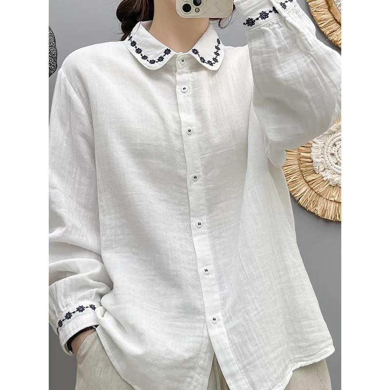 MONLOUVE高端纯长袖衬衫女2025新款春秋刺绣娃娃领上衣宽松显瘦衬