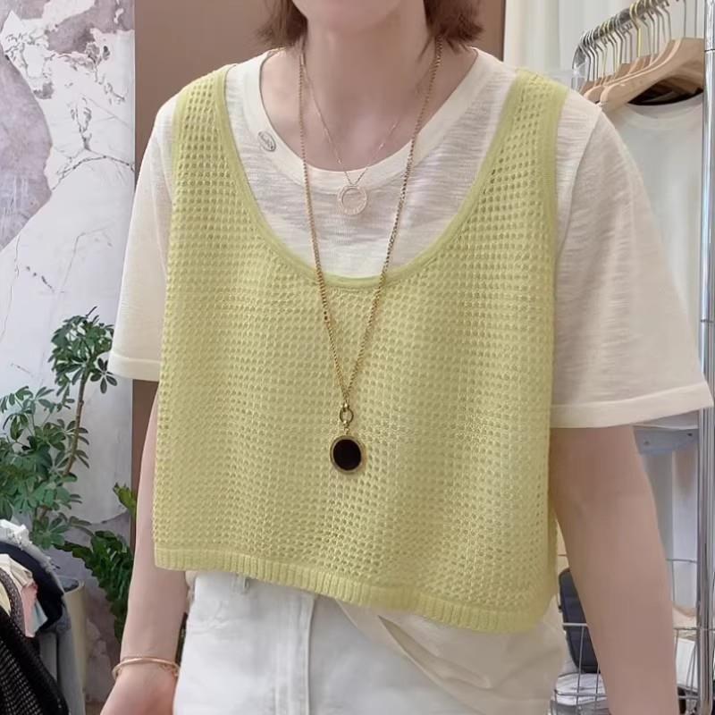 KATTERLLG2025年夏季黄色拼接假两件镂空针织衫短袖t恤女新款百