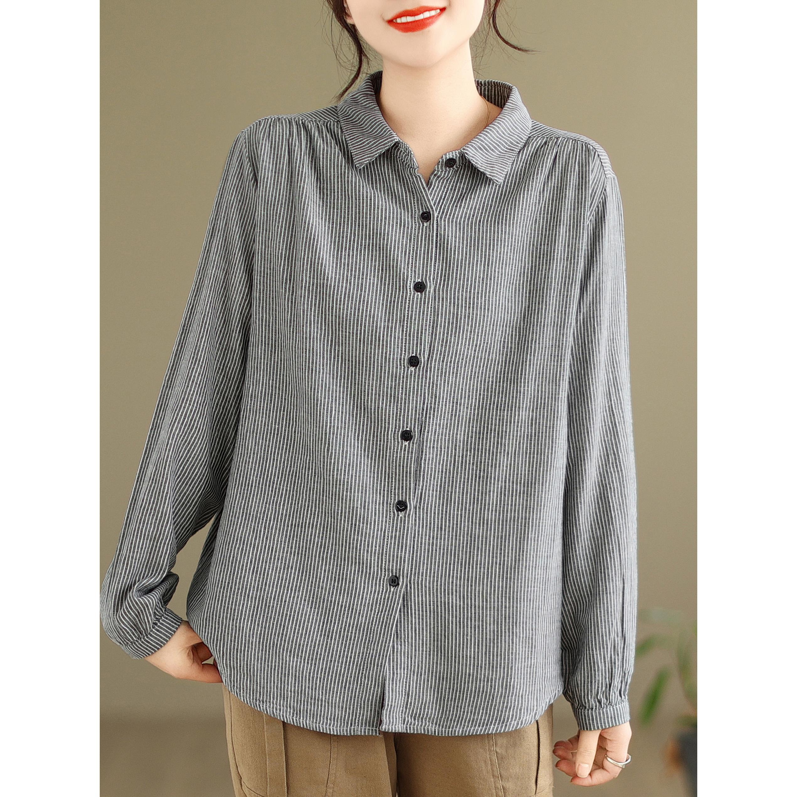 MONLOUVE文艺休闲双层纱条纹衬衫女士春秋宽松气质显瘦打底长袖衬