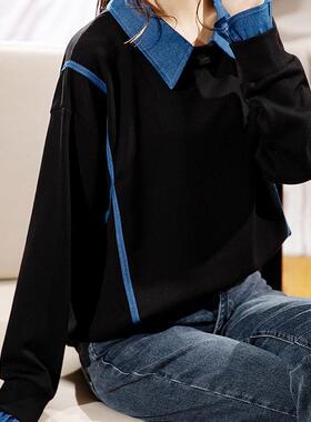 MONLOUVE假两件拼接翻领无帽卫衣女秋季2025新款爆款时尚宽松遮肚