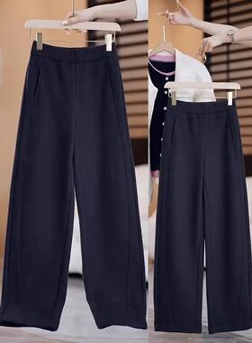 MONLOUVE高级灰呢弯刀裤女2025秋冬季新款加绒加厚香蕉裤休闲阔腿