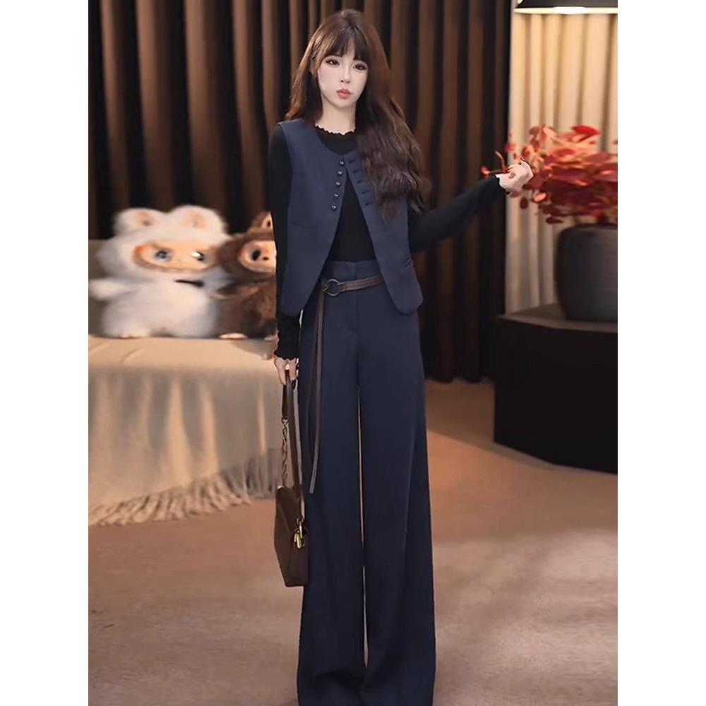 MONLOUVE时尚套装女2025秋季新款时髦洋气长袖打底衫马甲阔腿裤气