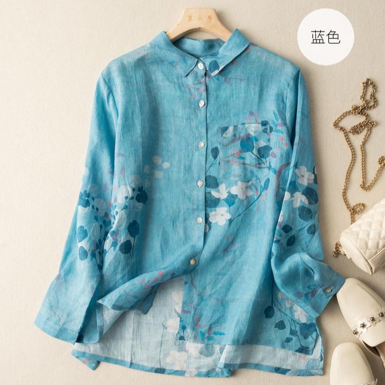 MONLOUVE复古碎花苎麻长袖女士衬衫春秋宽松百搭衬衣气质显瘦上衣