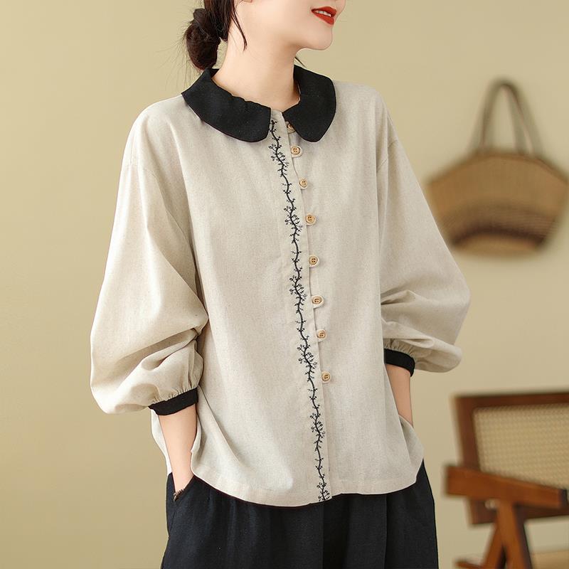 MONLOUVE民族风刺绣苎麻衬衫女2025春秋新款时尚撞色气质减龄长袖
