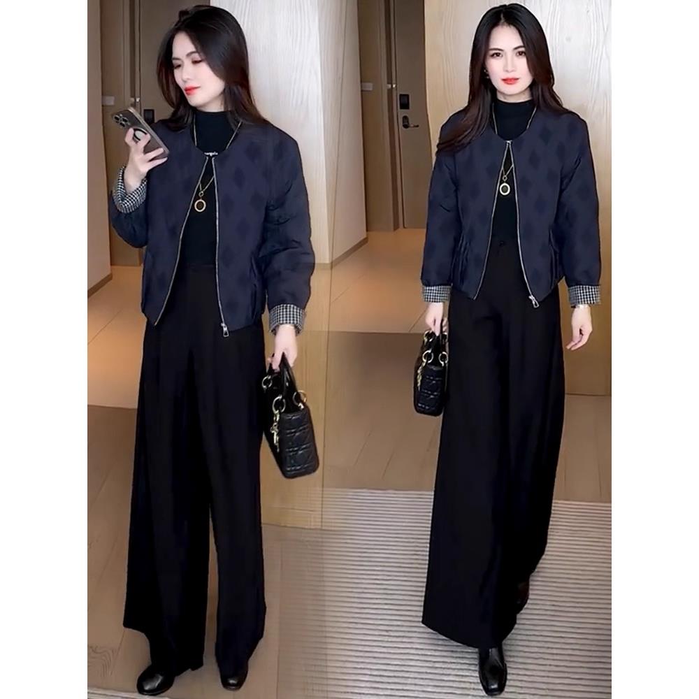 MONLOUVE时尚菱格袄外套女2025冬季新款洋气显瘦圆领夹克薄款服上