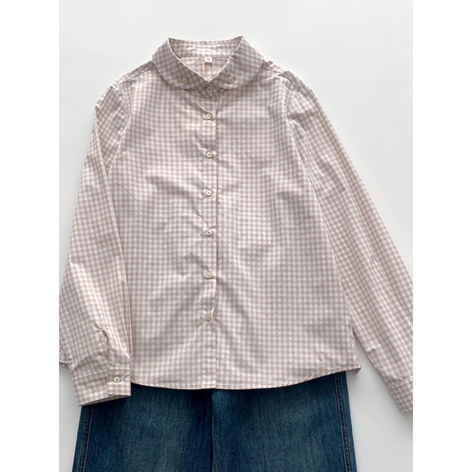 MONLOUVE日系文艺格纹长袖衬衫女2025秋百搭休闲宽松单排扣小翻领
