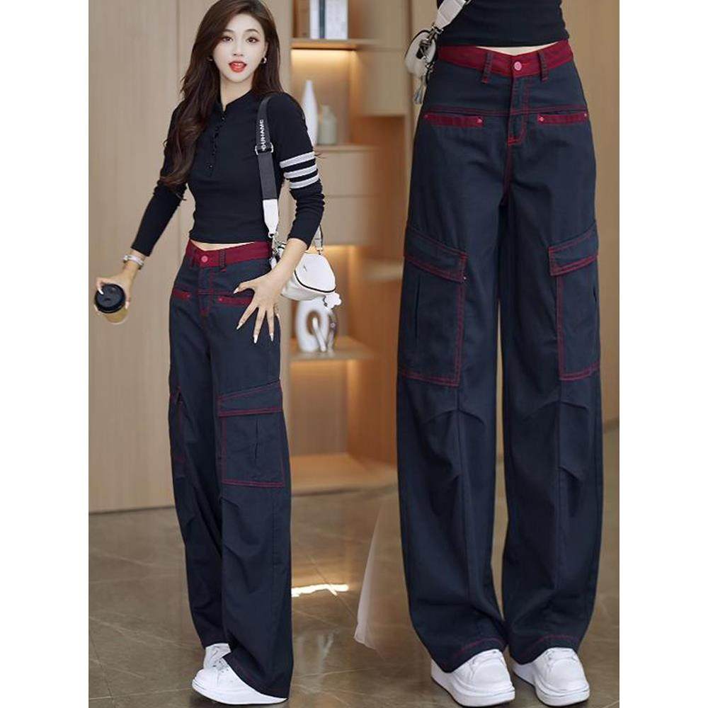 MONLOUVE2025秋季新款时尚撞色工装风阔腿裤女高腰显瘦宽松百搭休