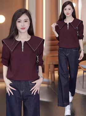 MONLOUVE时尚休闲海军领卫衣女2025秋季新款洋气宽松显瘦百搭长袖