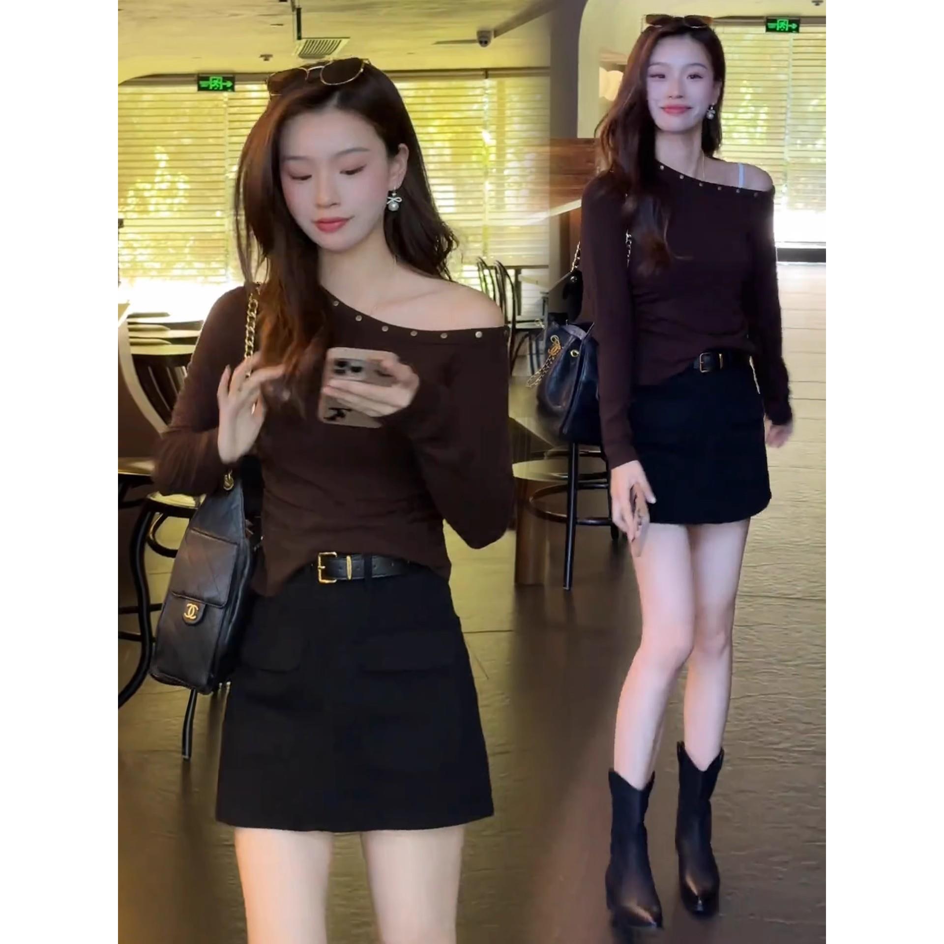 MONLOUVE时尚斜肩长袖T恤女2025早秋新款韩系设计感铆钉修身显瘦