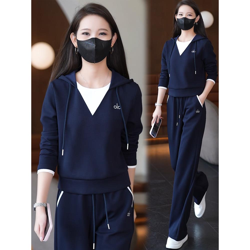 MONLOUVE时尚休闲套装女2025秋季新款洋气显瘦假两件连帽卫衣阔腿