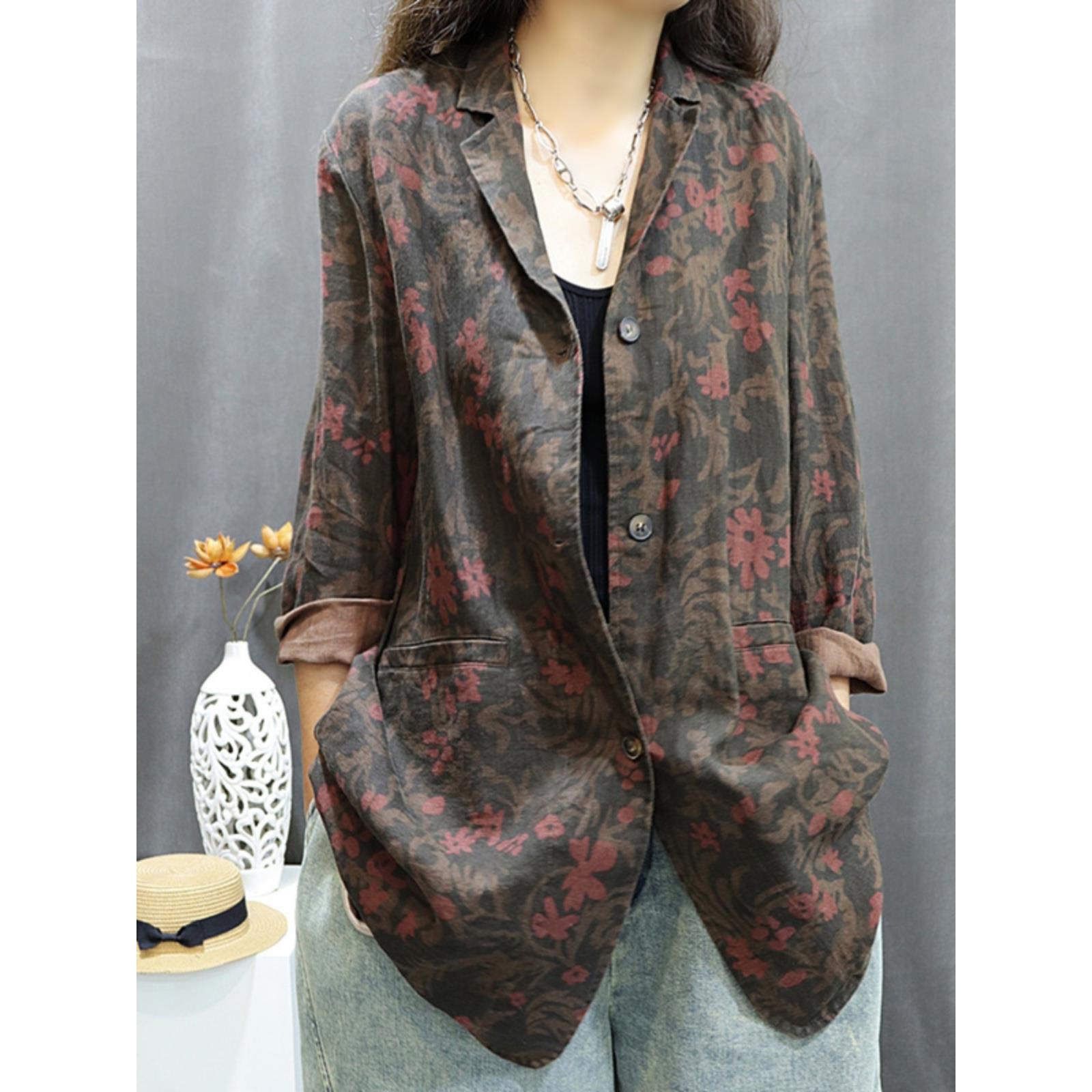 MONLOUVE法式覆古碎花西服外套女2025秋时髦宽松中长款西装领上衣