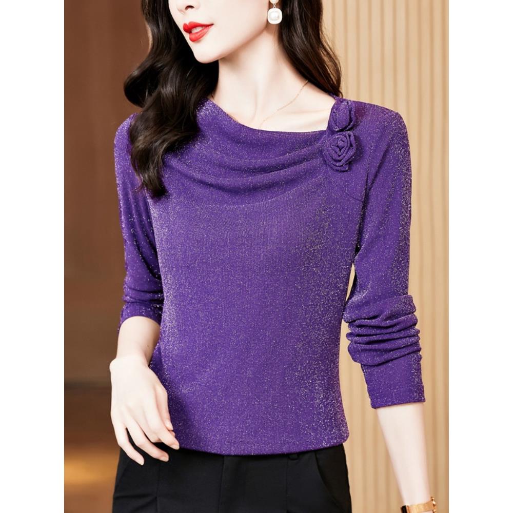 MONLOUVE蕾丝打底衫女内搭秋季2025年新款亮丝网纱长袖T恤堆堆领