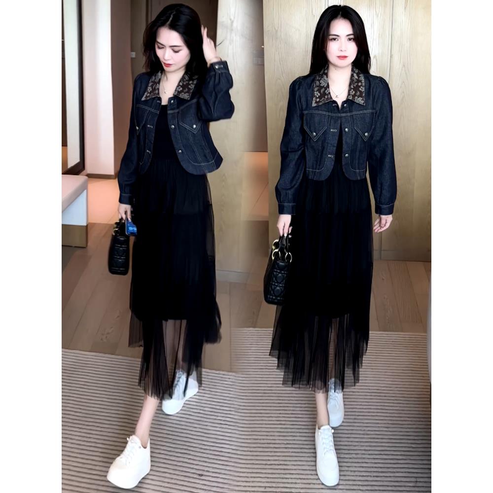 MONLOUVE2025秋季新款气质牛仔短外套气质中长款网纱裙子长袖外披