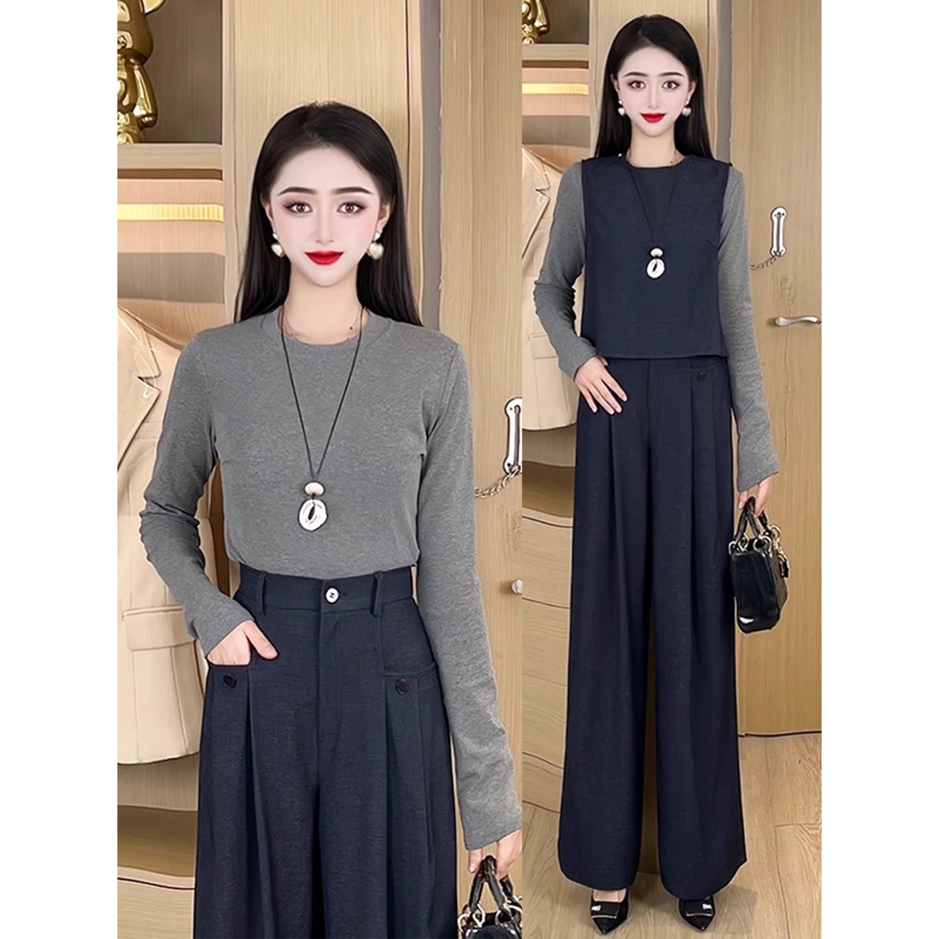 MONLOUVE时尚套装女2025秋季新款洋气显瘦马甲长袖打底衫阔腿裤气