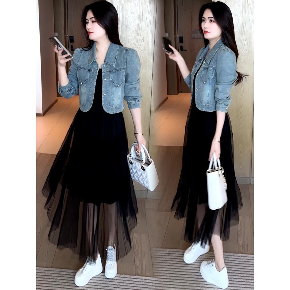 MONLOUVE时尚牛仔短外套套装女2025秋季新款气质时髦休闲网纱连衣