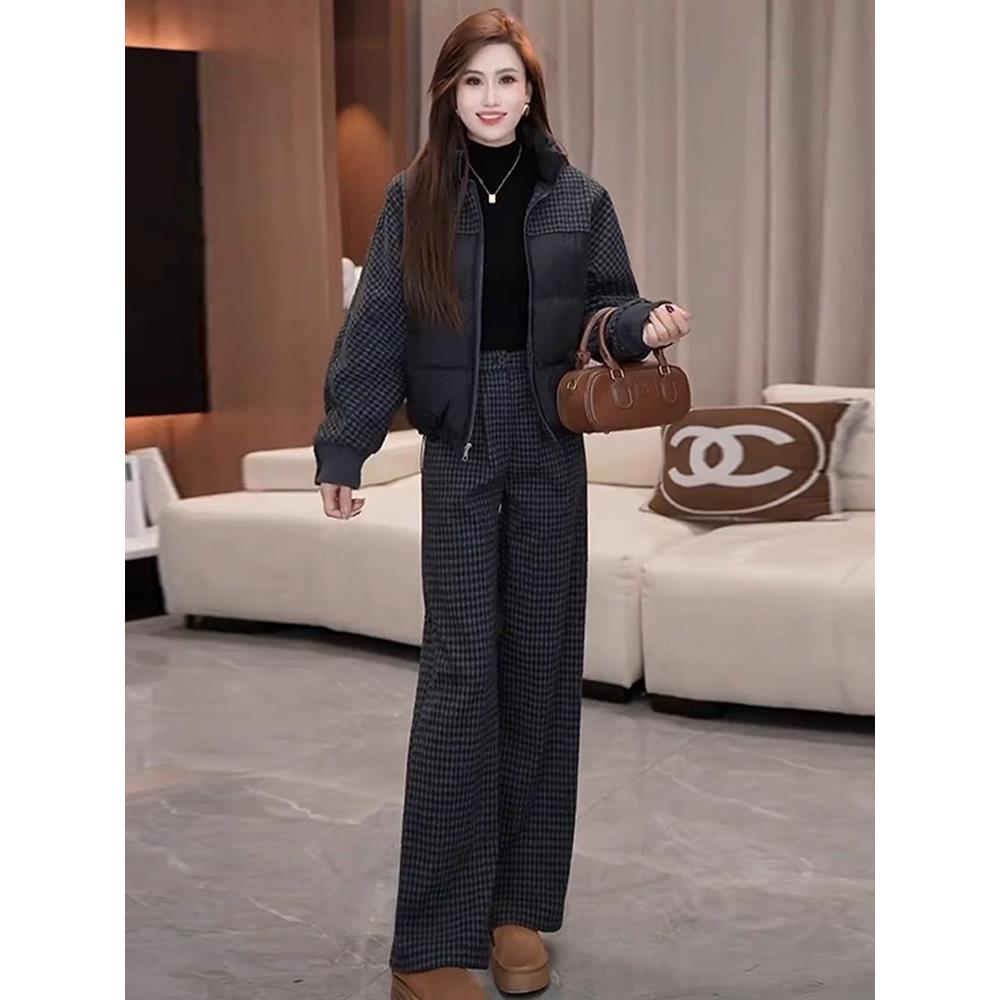 MONLOUVE时尚套装女冬季新款加厚格子拼接服外套直筒阔腿裤两件套