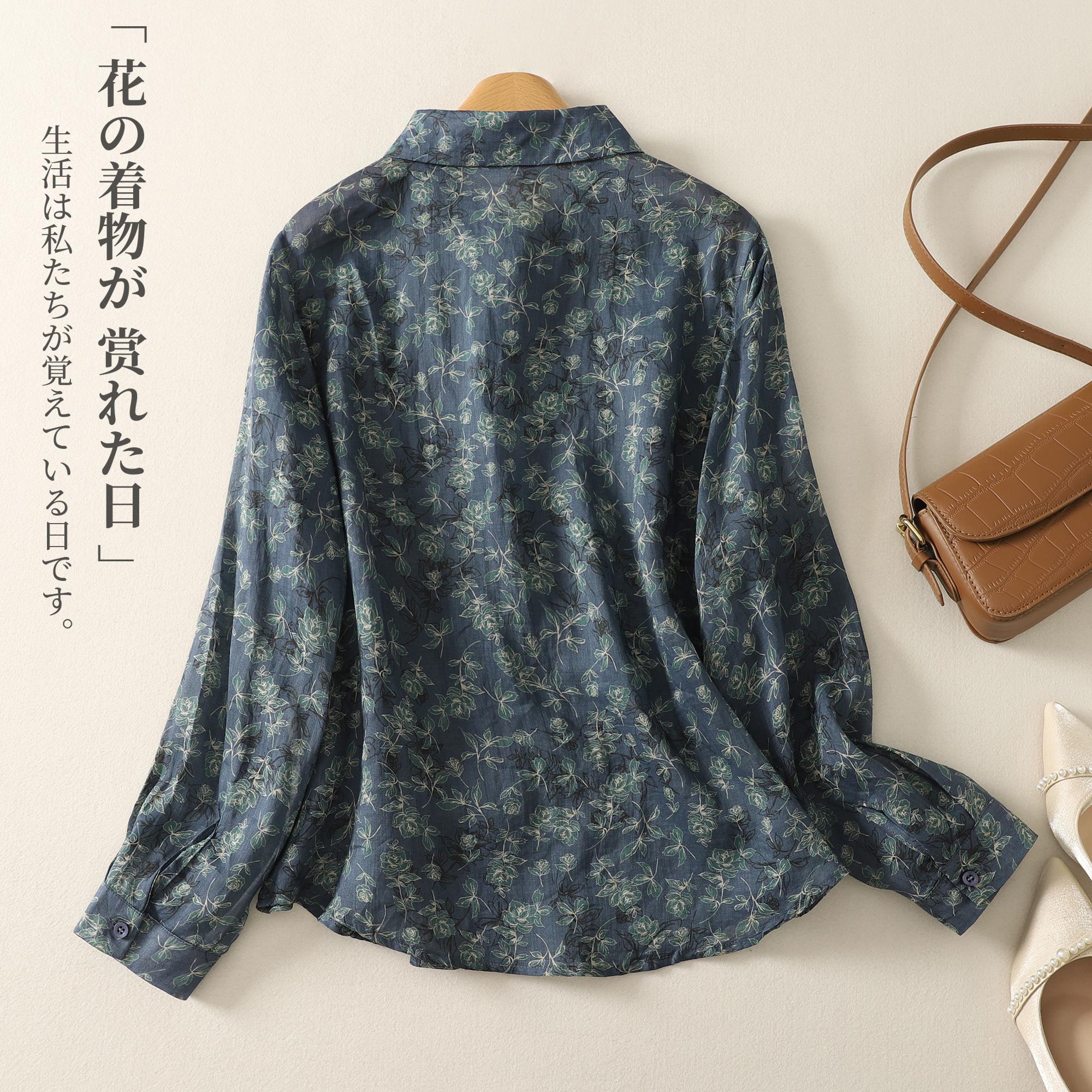 MONLOUVE苎麻轻薄款长袖印花防晒衬衫女春秋复古百搭休闲气质翻领