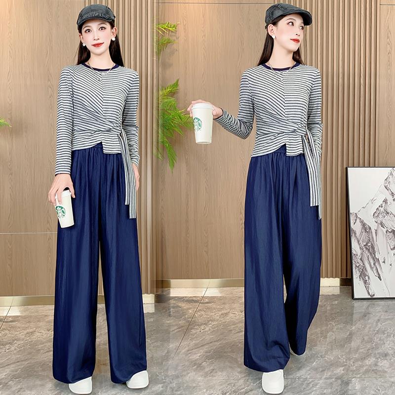 MONLOUVE时尚长袖打底衫套装女2025秋季新款气质显瘦T恤高腰阔腿