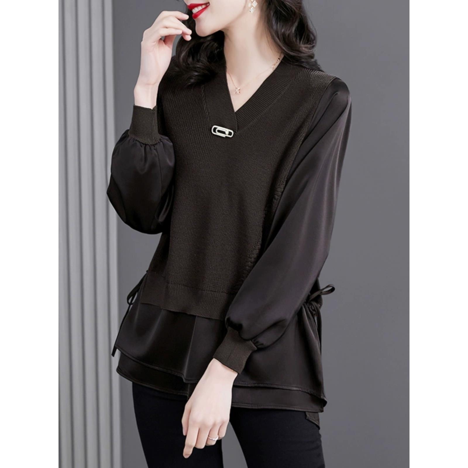 MONLOUVE假两件长袖打底针织衫女2025春秋新款时尚洋气小衫轻奢高