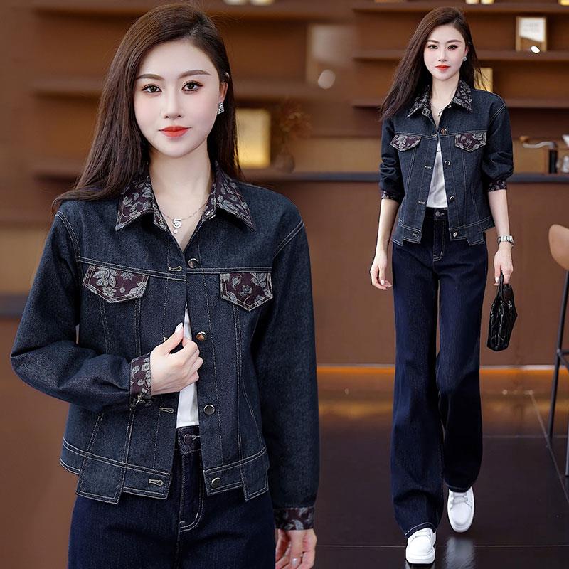 MONLOUVE短款牛仔外套女士2025秋季新款时尚洋气百搭宽松花纹拼接