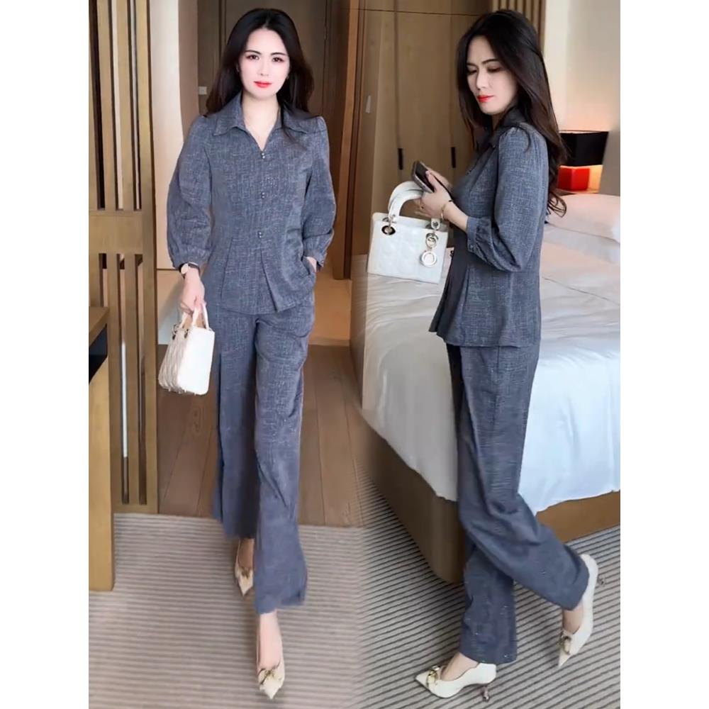 MONLOUVE时尚休闲套装女2025秋季新款气质宽松显瘦长袖衬衫阔腿裤