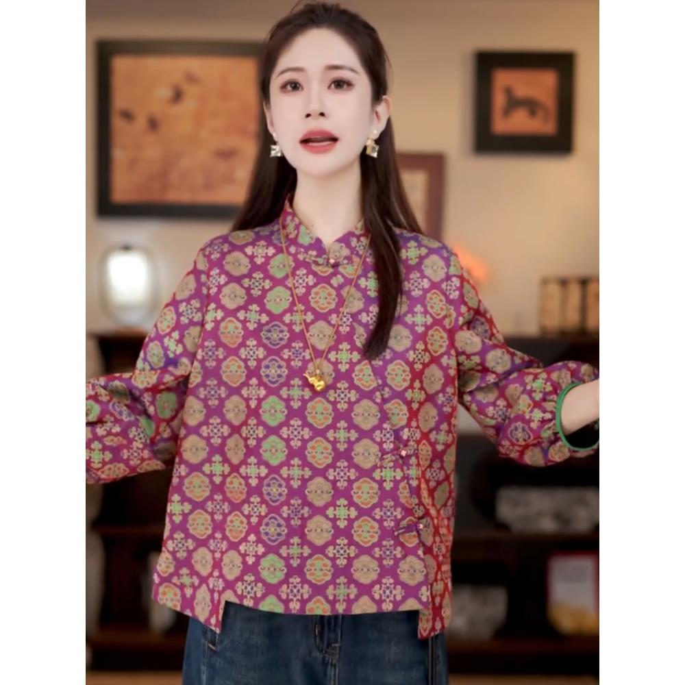 MONLOUVE新中式长袖衬衫女2025秋季新款洋气显瘦国风印花衬衣休闲