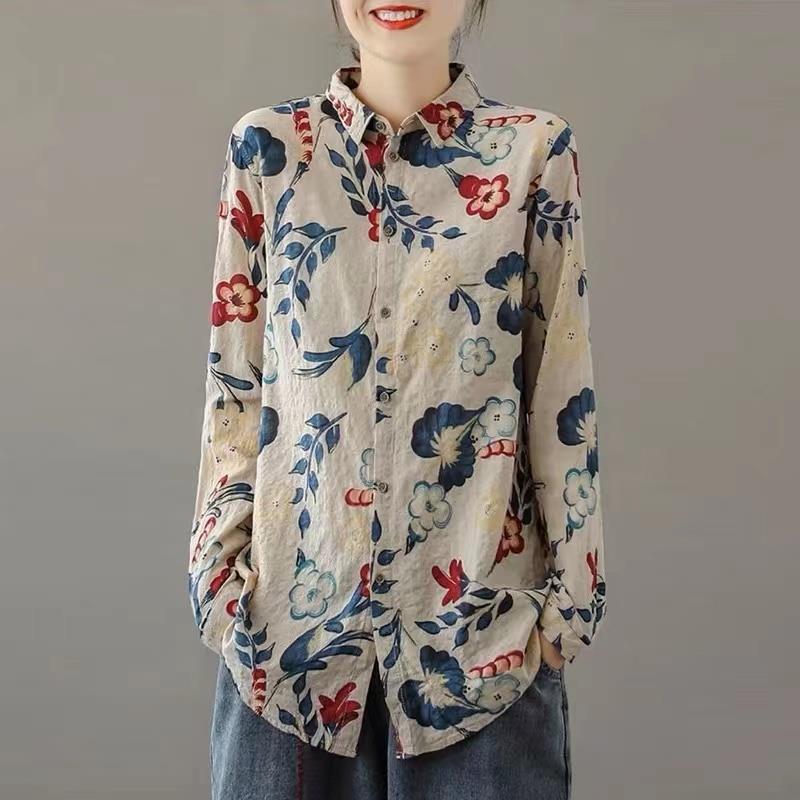 MONLOUVE民族风印花长袖衬衫女春秋2025欧货高端轻奢休闲妈妈遮肚