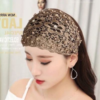 珍珠头套挡白发帽子发带女宽边蕾丝珍珠新款镂空遮白发头箍头套