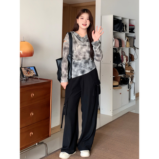 宽松显瘦休闲百搭不规则长袖 女装 mm春季 8202 上衣 喵喵 微胖 大码