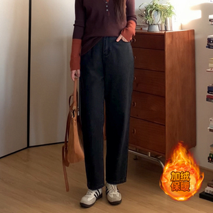 微胖的喵喵梨型大码胖mm冬装穿搭休闲遮胯显瘦加绒牛仔裤子女9015