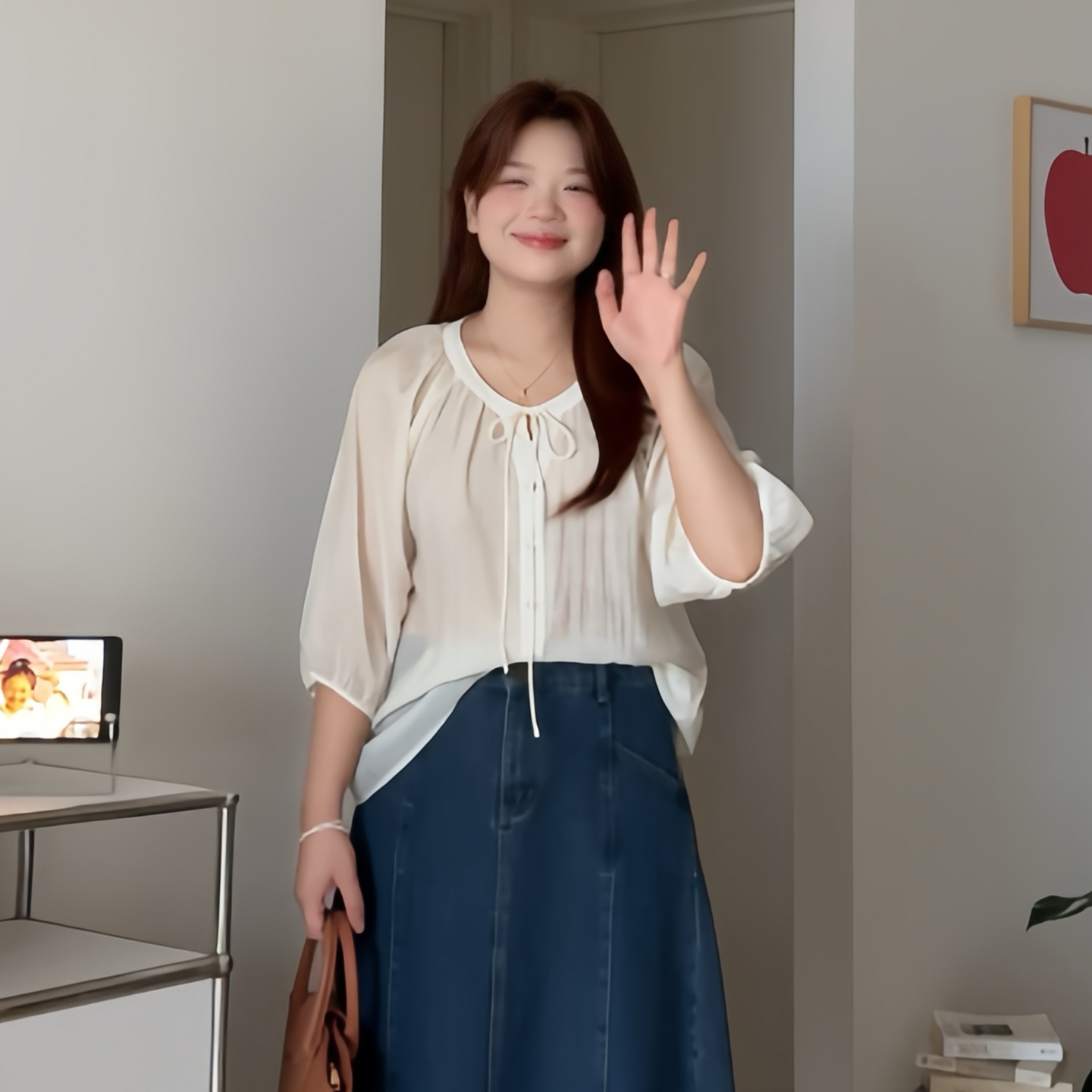 大码系带圆领衬衫短袖显瘦上衣女